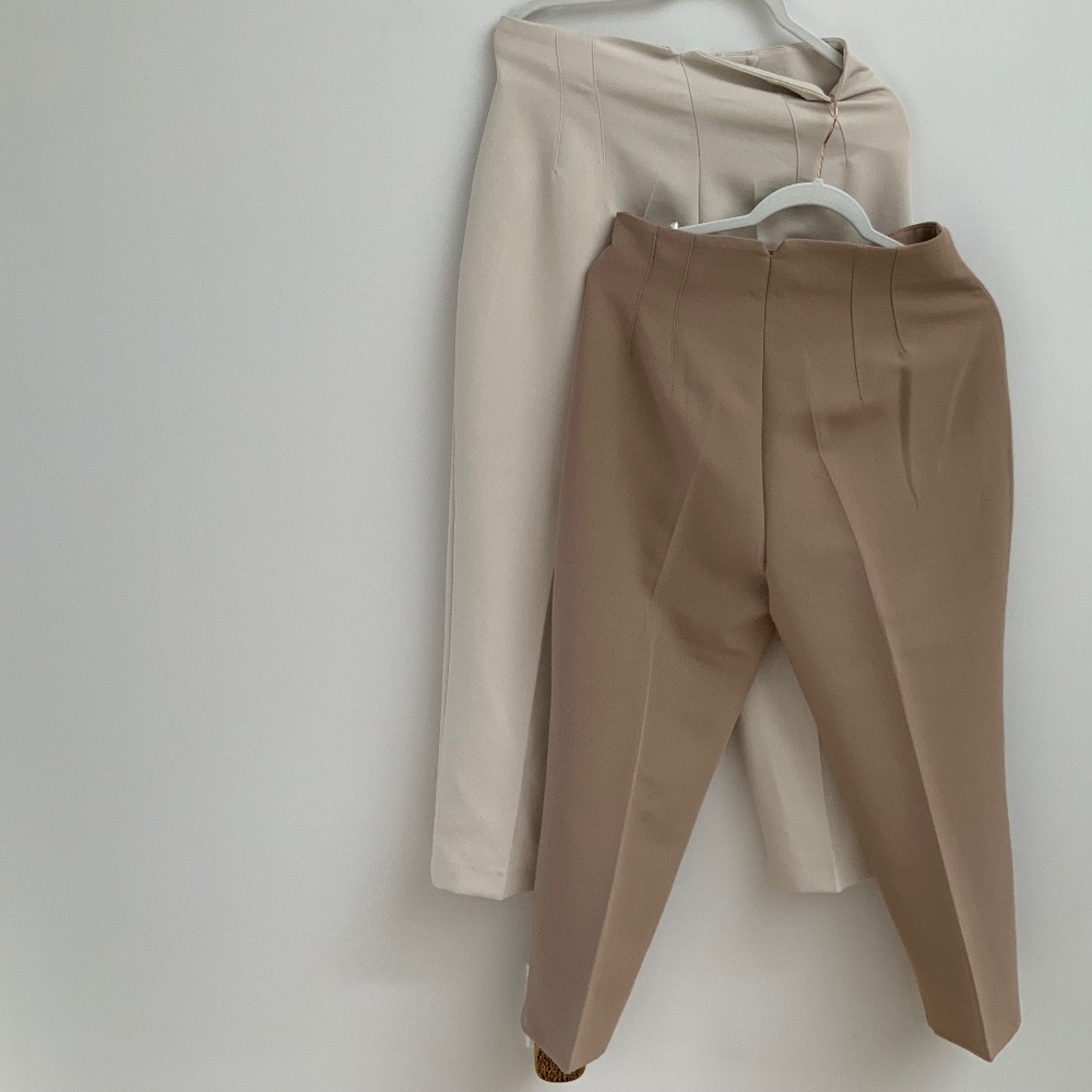 Zara classic waist high cropped pants in taupe and ivory